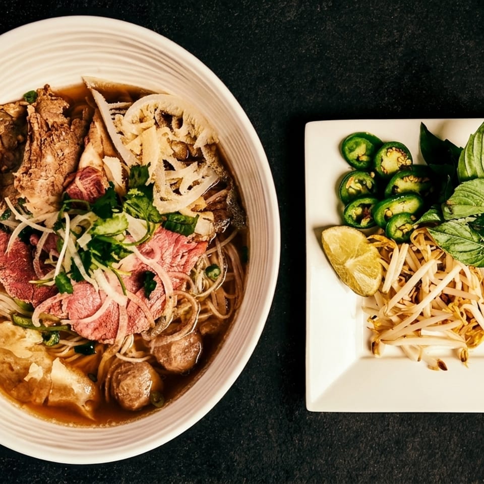 A bowl of pho with beef and noodles, alongside a plate of basil, jalapeños, and lime.