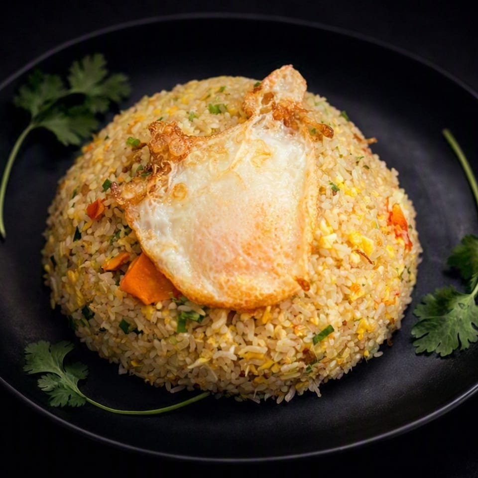 A mound of fried rice topped with a sunny-side-up egg and cilantro on a black plate.