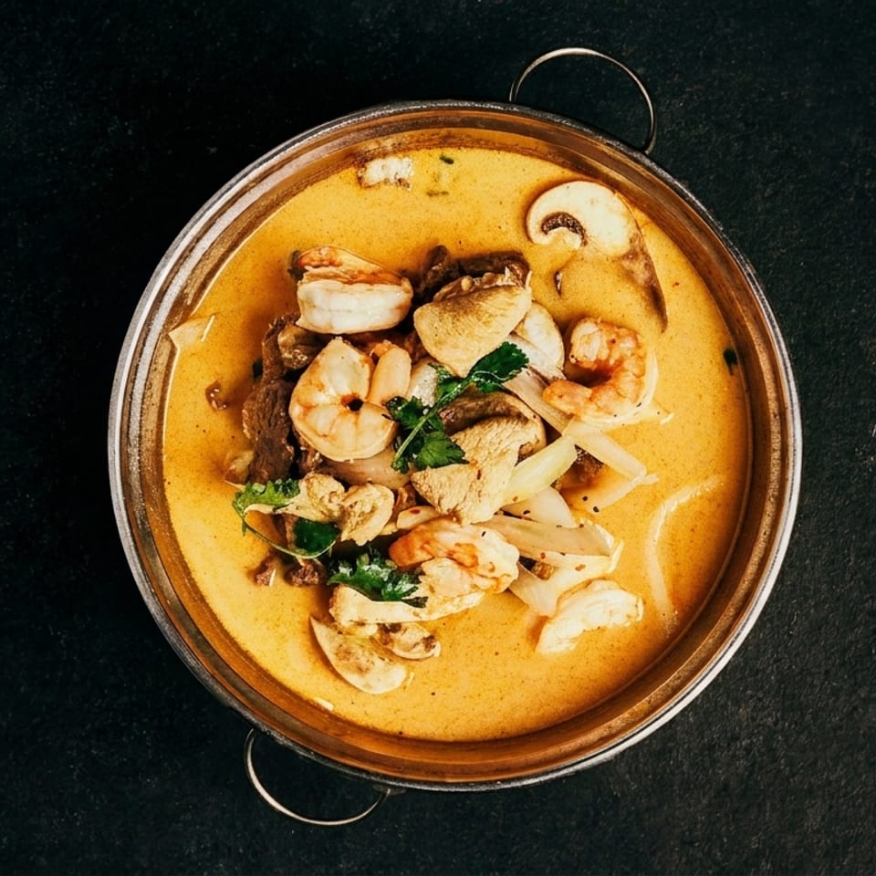 Overhead view of a vibrant yellow curry with shrimp, chicken, mushrooms, and onions in a metal bowl.